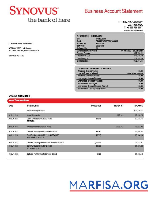 Downloadable Synovus Bank enterprise statement Word and PDF template
